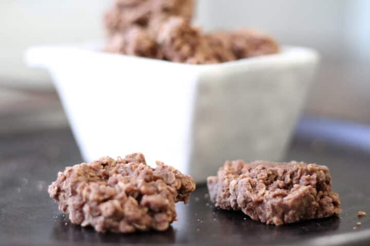 Close-up of classic chocolate no bake cookies made with oats from an easy no bake cookie recipe