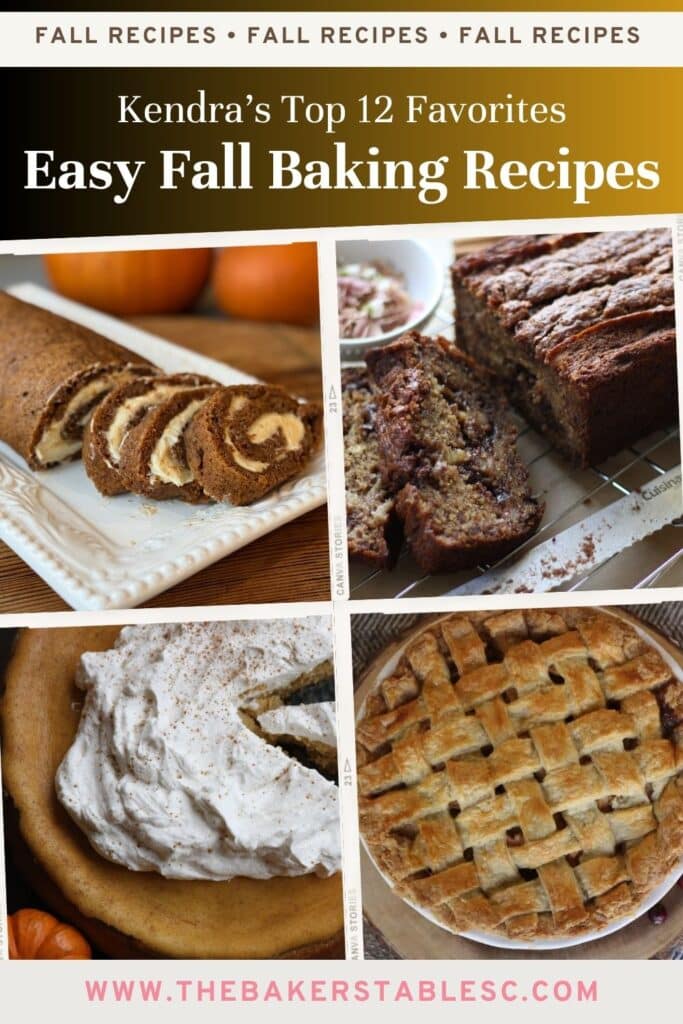 Collage of pumpkin cake, apple desserts, muffins, cookies, and other fall baking recipes.