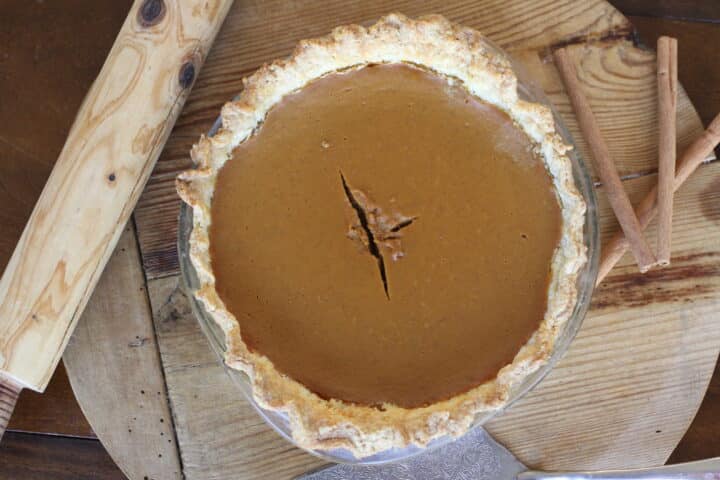 Classic pumpkin pie with golden crust and smooth, spiced filling