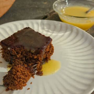 Slice of gingerbread cake showing its soft, tender crumb and rich molasses texture