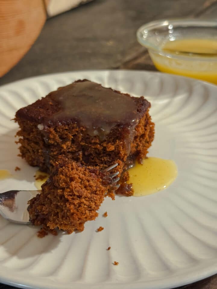 Spiced gingerbread cake with vanilla bean cream sauce served on a dessert plate