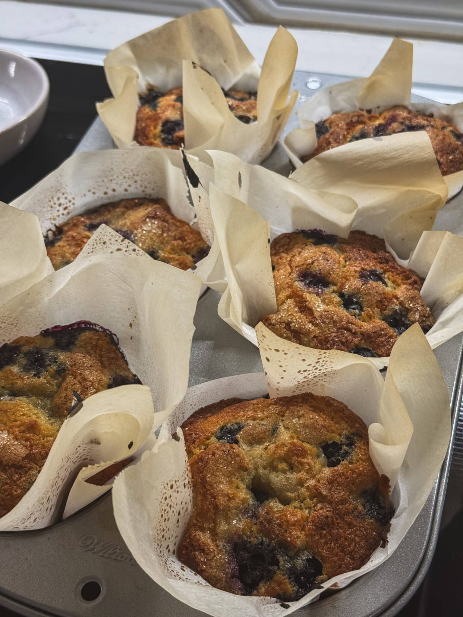 Classic blueberry muffins with golden tops and blueberries baked throughout